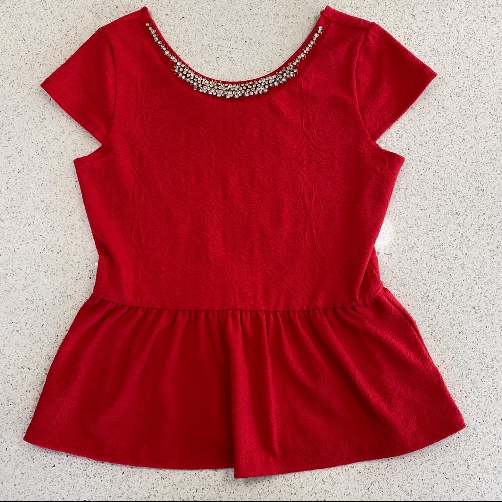 FRANCESCA’S Red Peplum Top w/ Rhinestone Detail- size L
